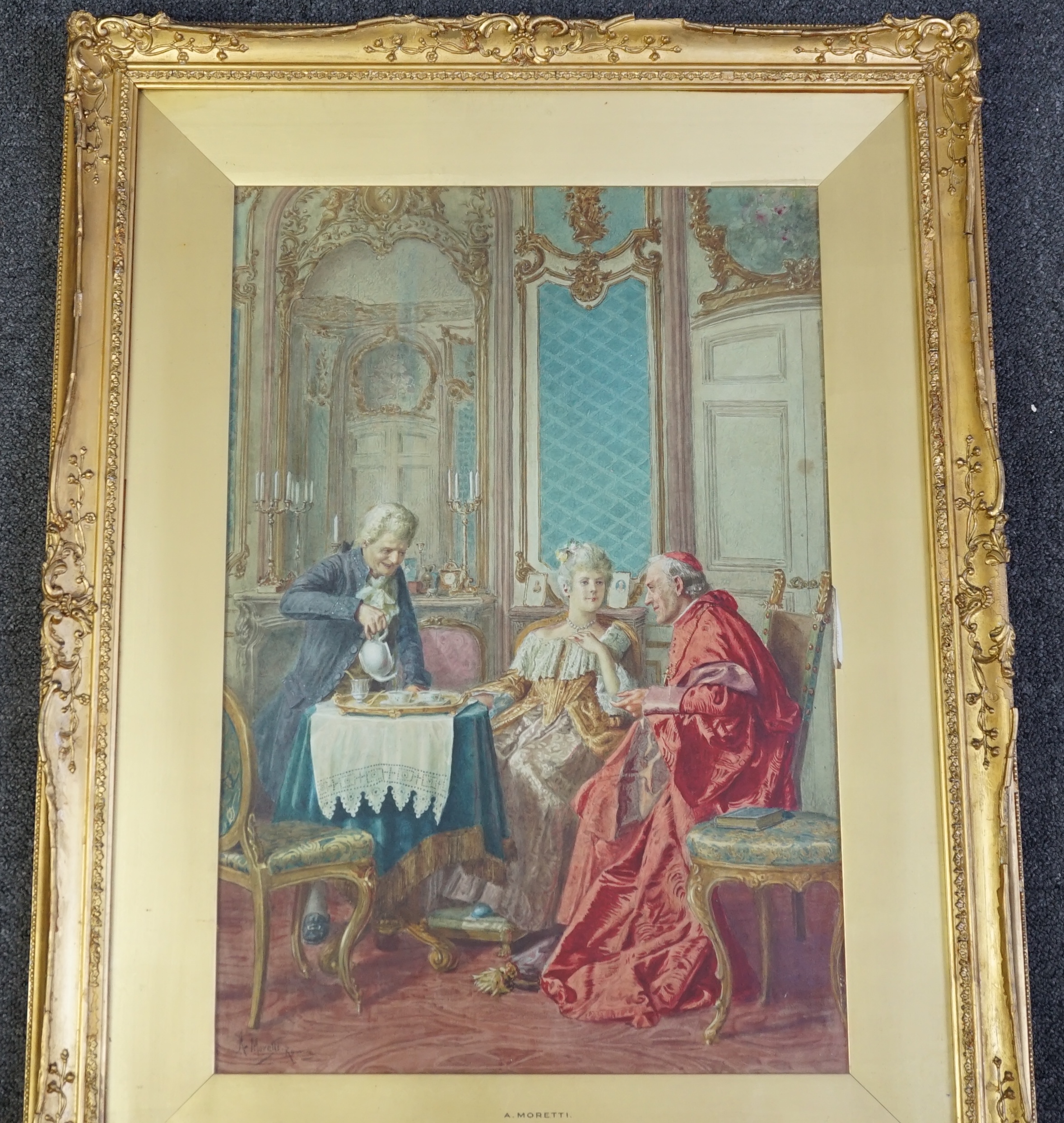 Renato Moretti (Italian, 1863-1913), watercolour, 'The Cardinal's tea party', signed and inscribed Roma, 53 x 36cm, ornate gilt frame. Condition - fair, loss to the mount